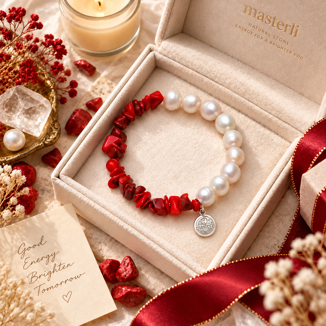 Master Li’s Fire & Water Pearl and Red Natural Stone Bracelet
