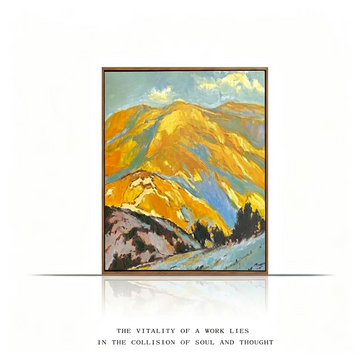 Feng Shui Oil Painting – Sunlit Golden Mountain | Metal & Fire Energy Art