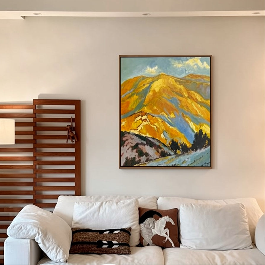 Feng Shui Oil Painting – Sunlit Golden Mountain | Metal & Fire Energy Art