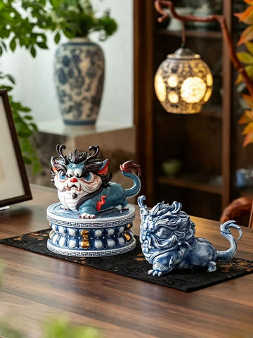 Blue & White 'Baize' Guardian Beast From JingDe Zhen