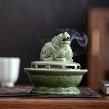 Plum Green Glazed Suanni Beast Incense Burner&nbsp;