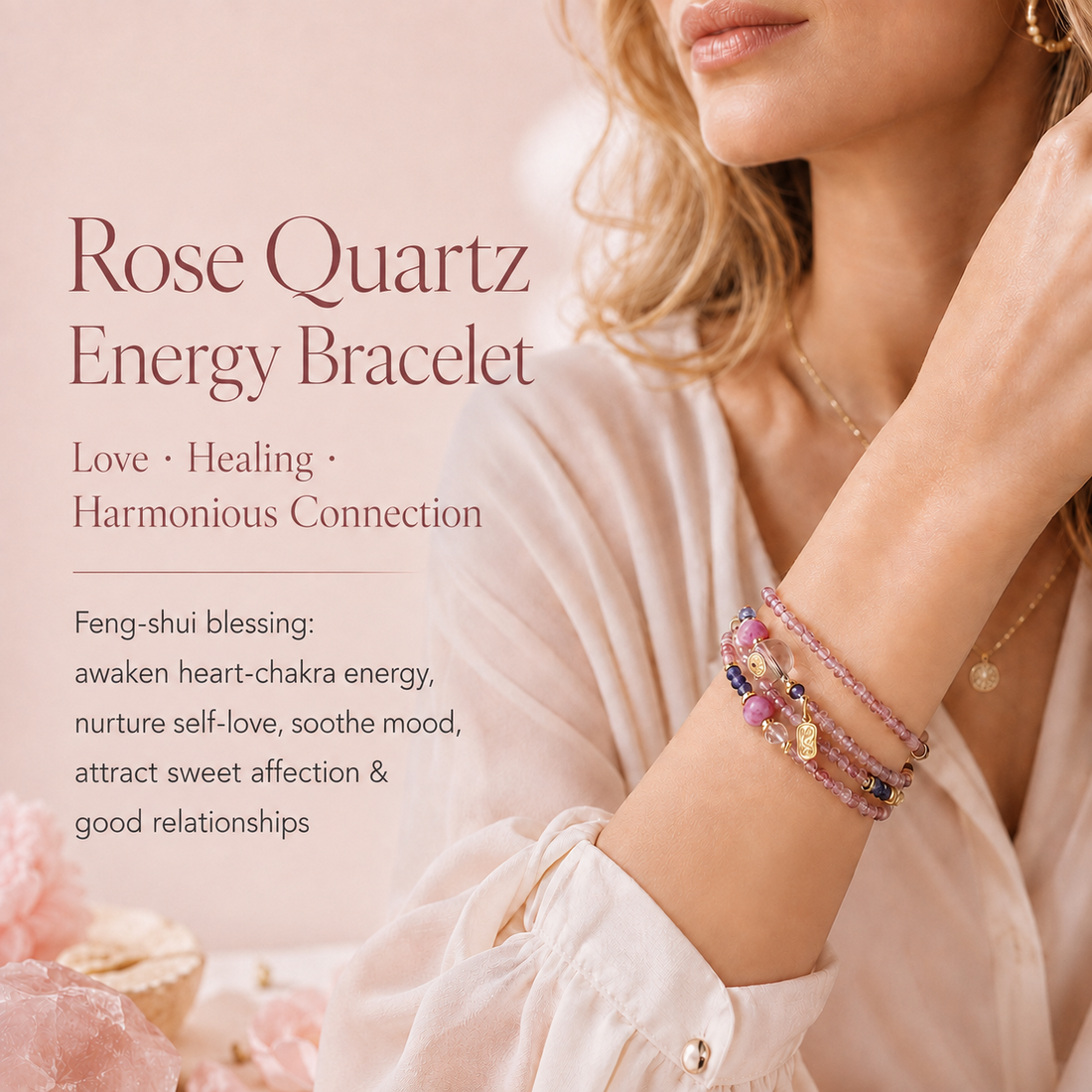 Heart Chakra Rose Quartz Energy Bracelet Set