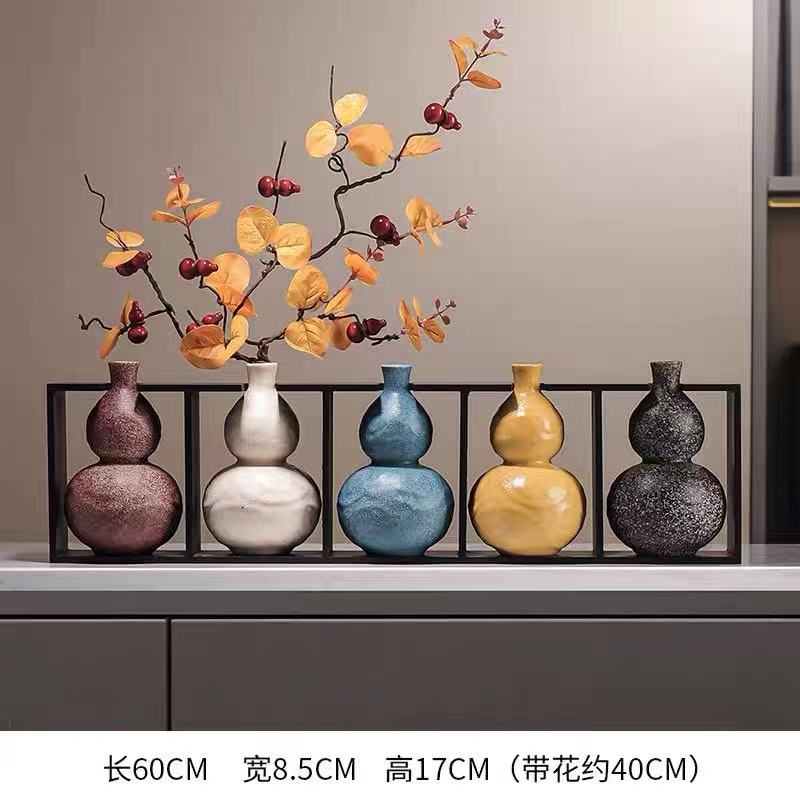 Seven Gourds Feng Shui Ornament Set – New Chinese Style Iron Frame Ceramic Gourd Decor