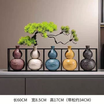 Seven Gourds Feng Shui Ornament Set – New Chinese Style Iron Frame Ceramic Gourd Decor