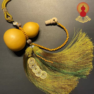 Natural Gourd Feng Shui Pendant | Five Emperor Coins & Double Tassels