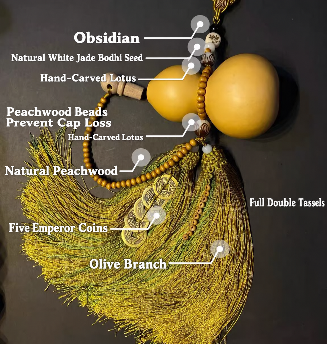 Natural Gourd Feng Shui Pendant | Five Emperor Coins & Double Tassels
