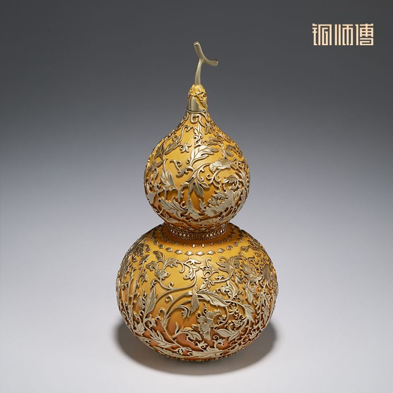Fu Lu Lin Men Brass Gourd Sculpture | Traditional Lost-Wax Casting Art
