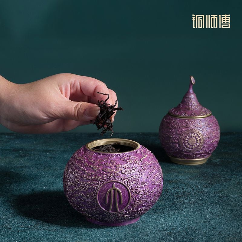 Purple Auspicious Cloud Brass Gourd Tea Caddy | Double-Layer Storage Jar