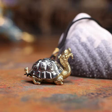 Ruyi Dragon Turtle Figurine – Brass & White Copper Feng Shui Decor