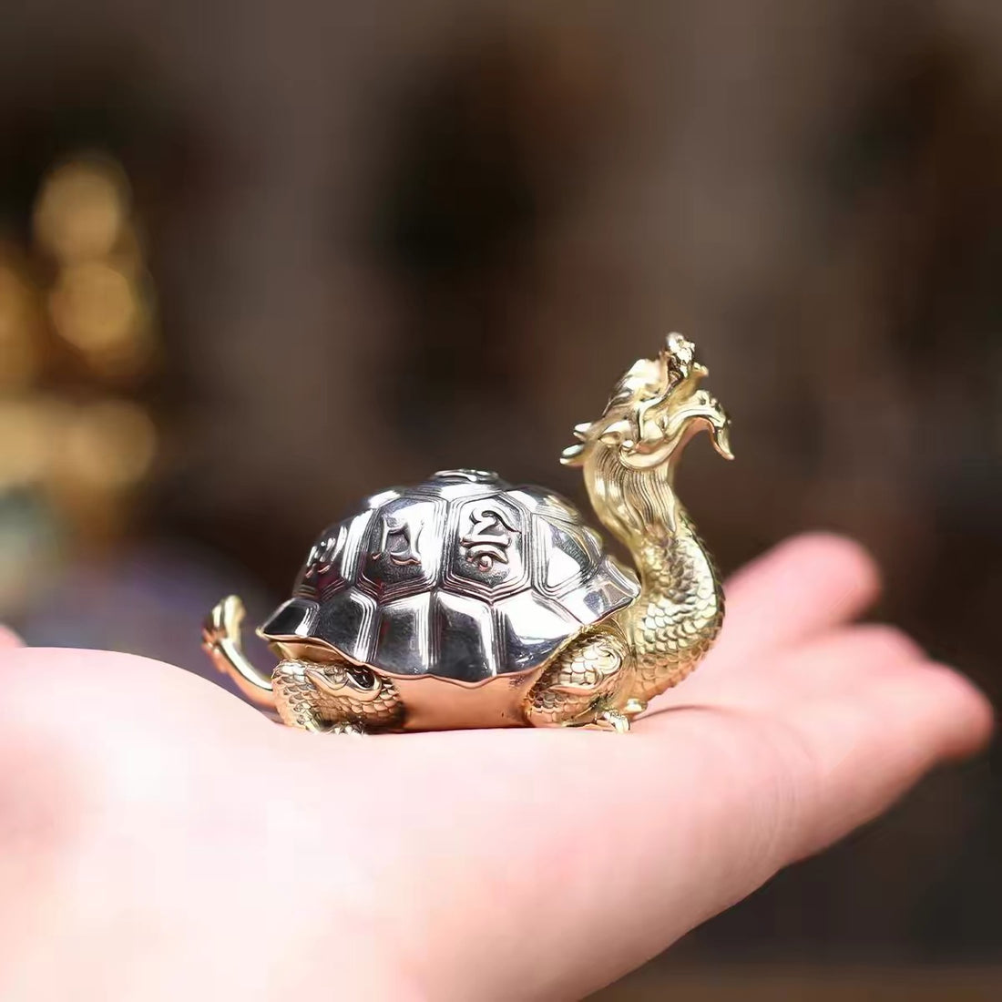 Ruyi Dragon Turtle Figurine – Brass & White Copper Feng Shui Decor