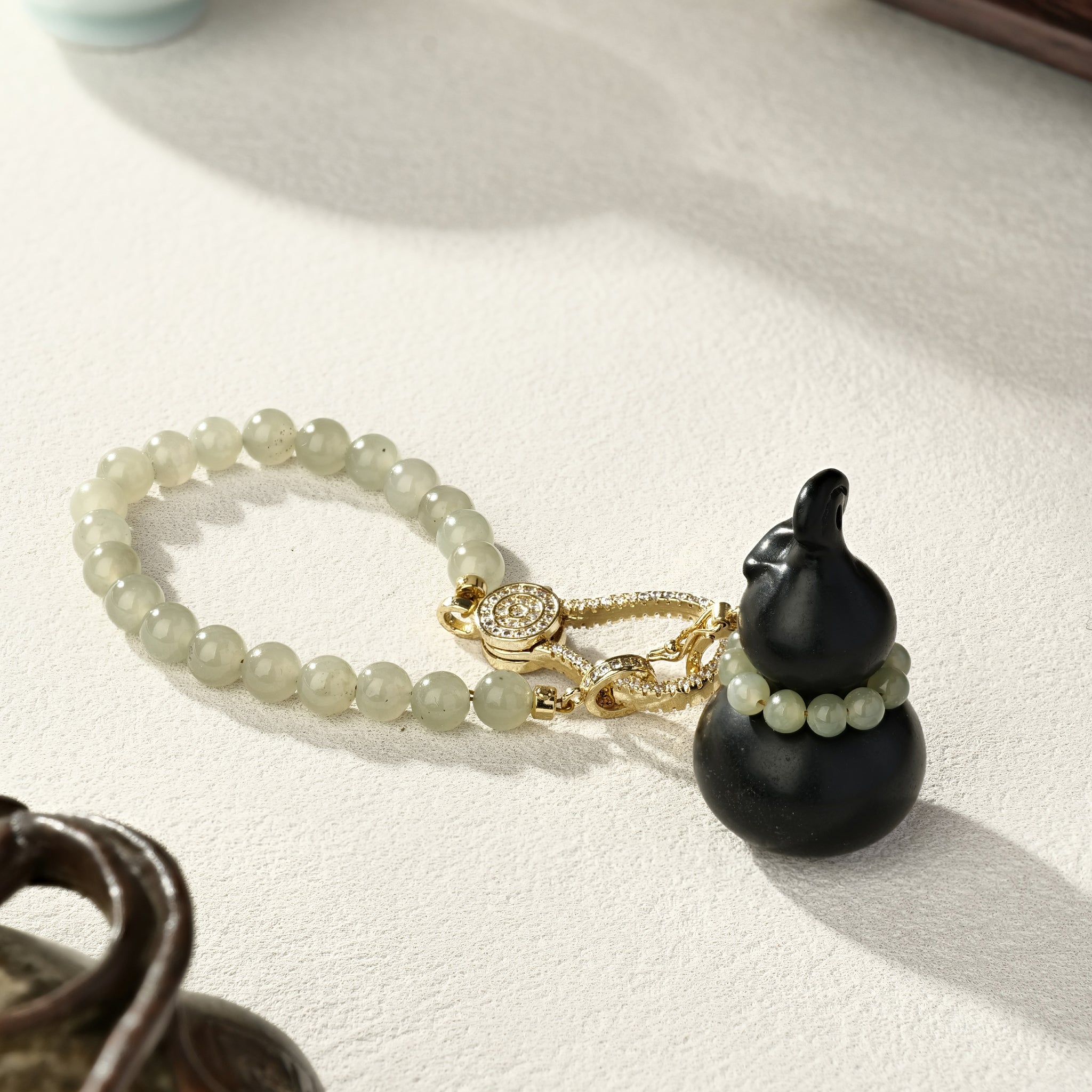 Hetian Jade (Mo Yu) gourd pendant with a classic Hetian Jade bracelet