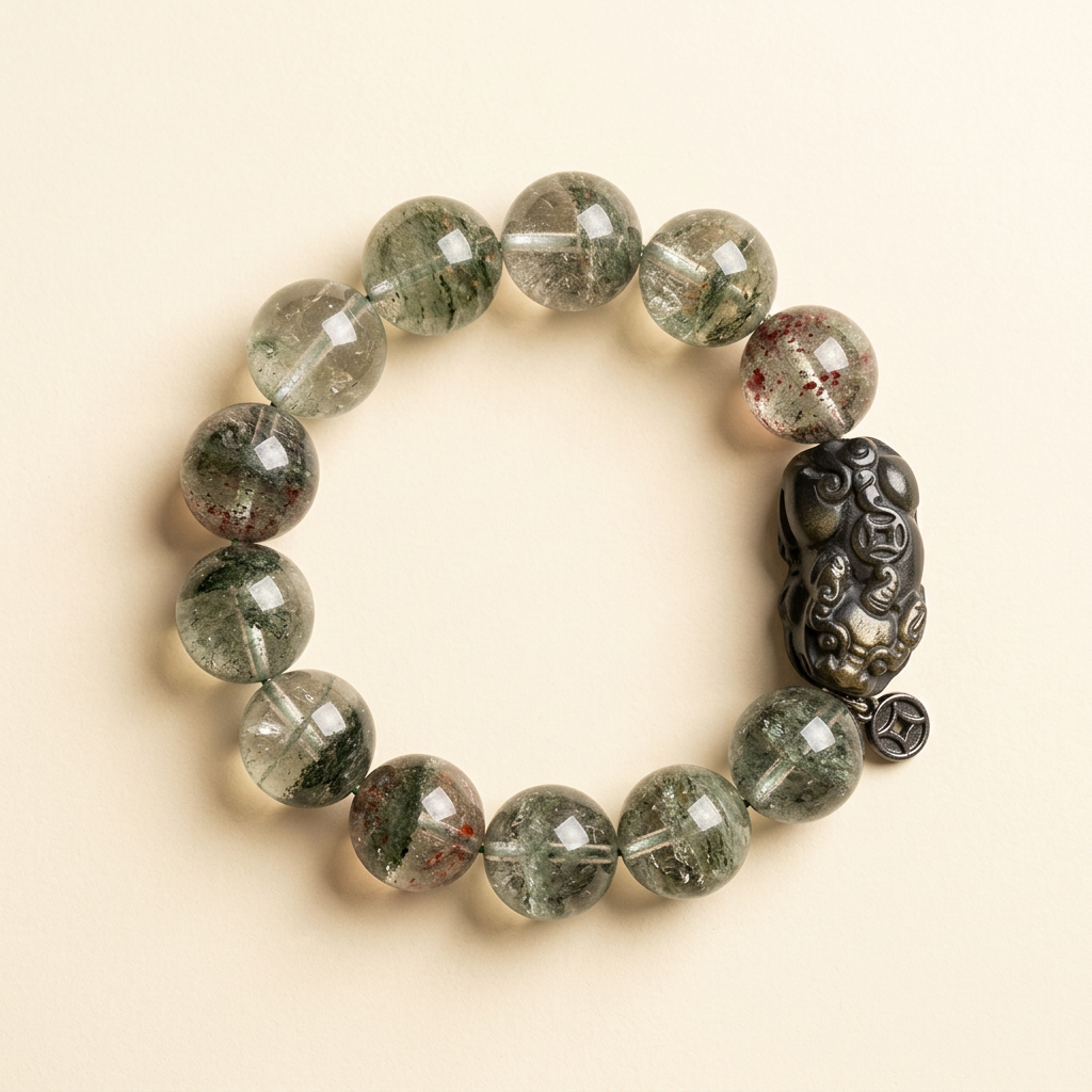 Natural crystal bracelet with obsidian Pixiu carving