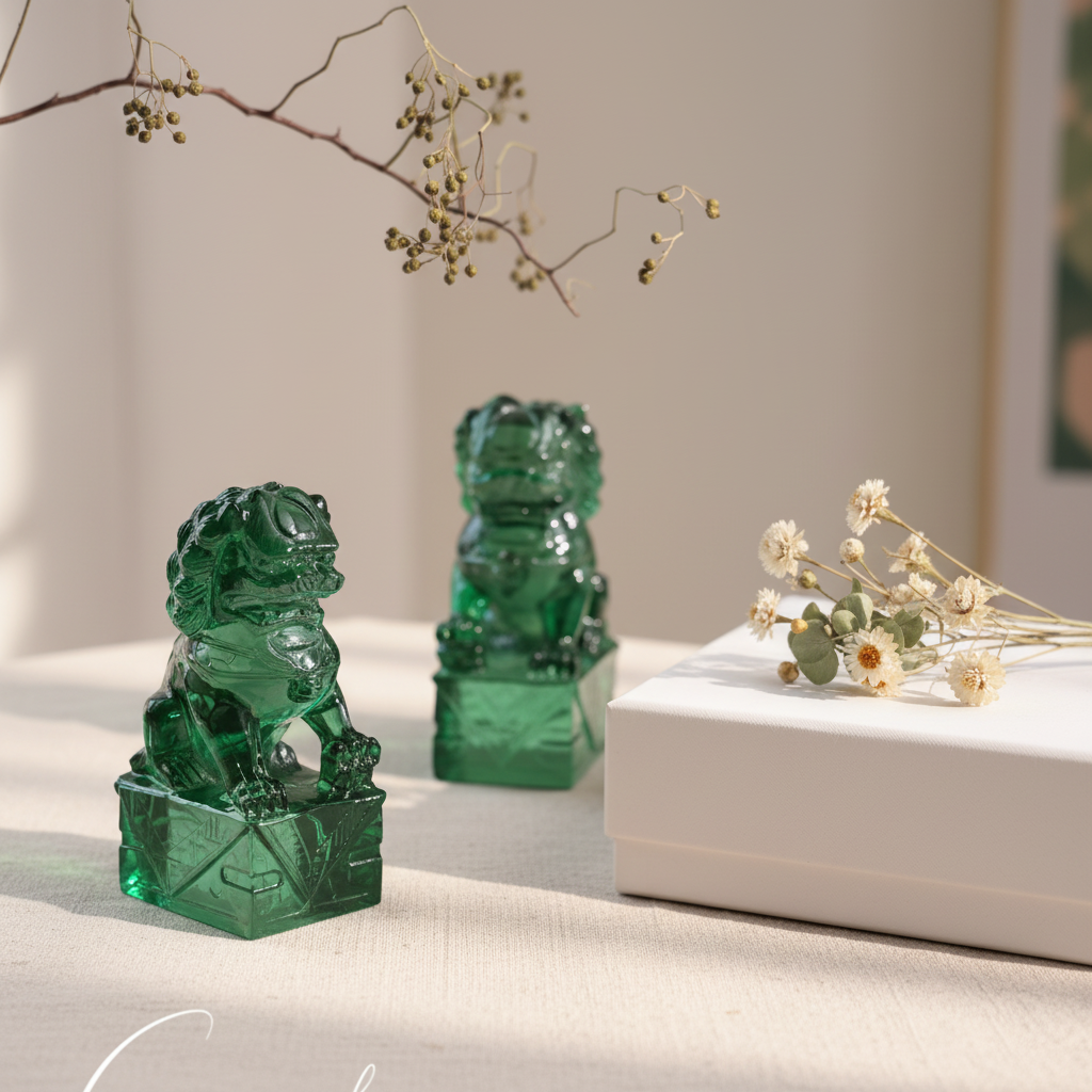 Emerald crystal guardian lions luxury gift presentation